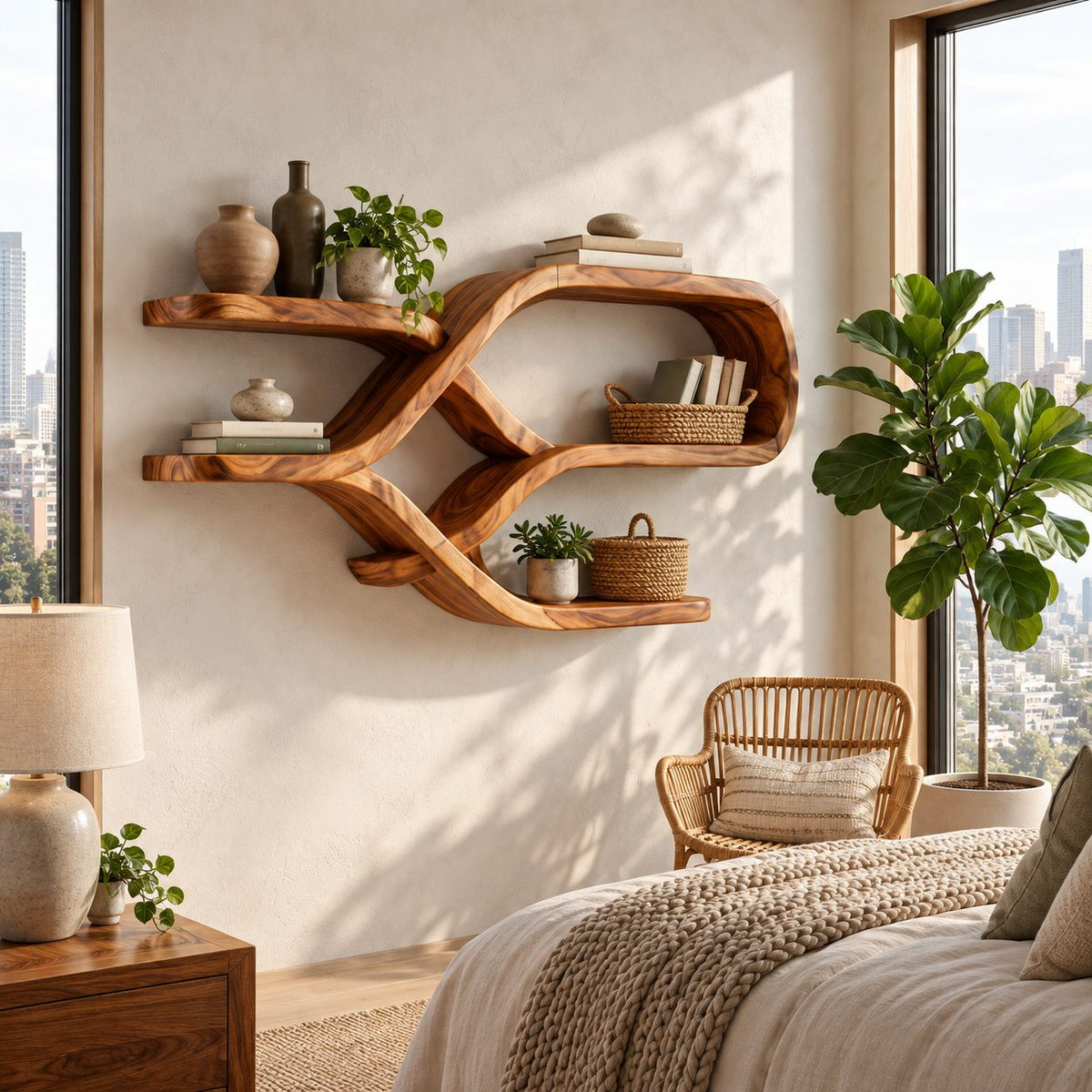 Crossed Ribbon Floating Shelves, Modern Organic Solid Wood Wall Shelf with Figure Eight Frame and Side Ledges