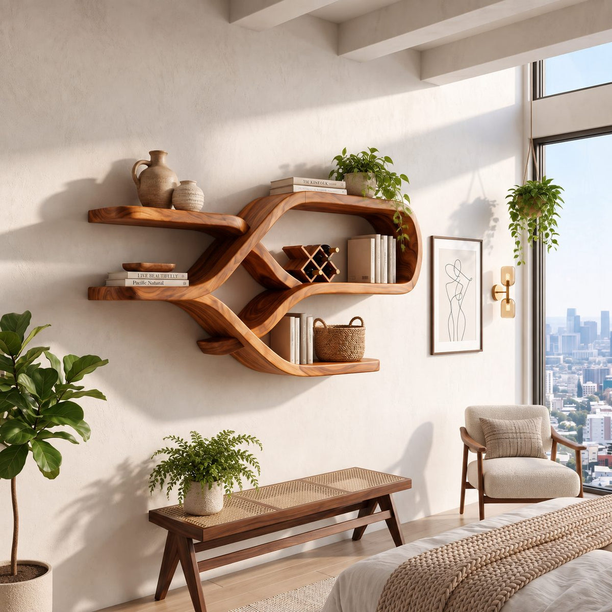 Crossed Ribbon Floating Shelves, Modern Organic Solid Wood Wall Shelf with Figure Eight Frame and Side Ledges