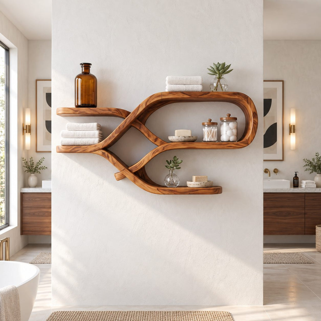 Crossed Ribbon Floating Shelves, Modern Organic Solid Wood Wall Shelf with Figure Eight Frame and Side Ledges