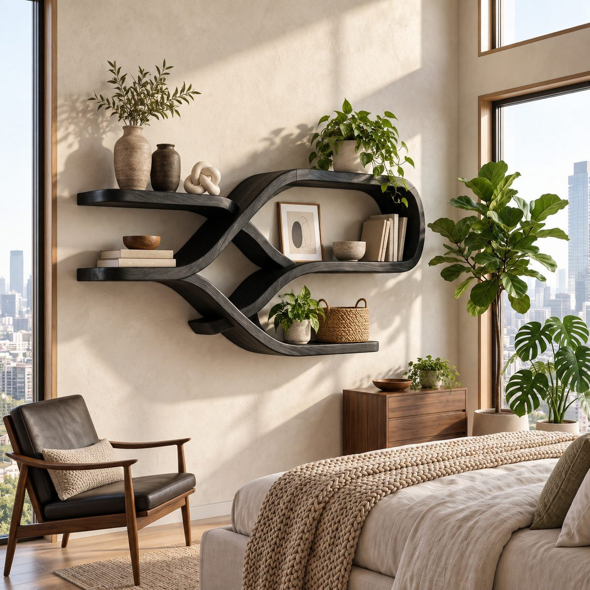 Crossed Ribbon Floating Shelves, Modern Organic Solid Wood Wall Shelf with Figure Eight Frame and Side Ledges