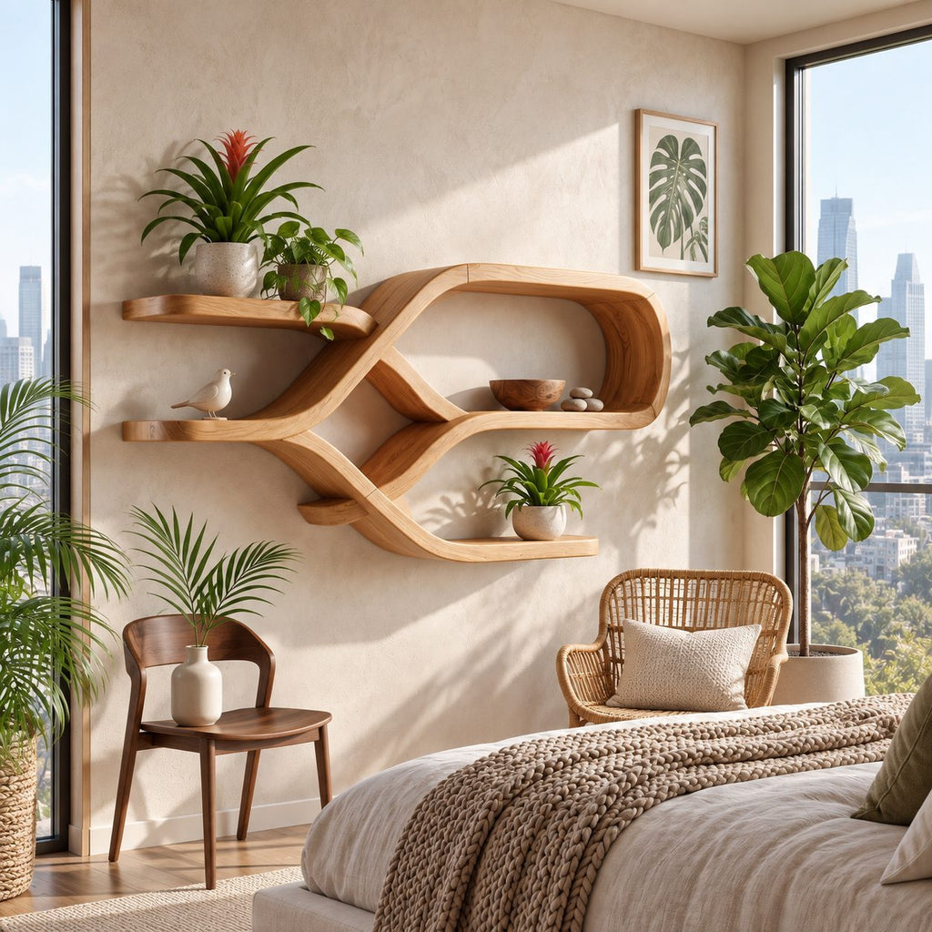 Crossed Ribbon Floating Shelves, Modern Organic Solid Wood Wall Shelf with Figure Eight Frame and Side Ledges