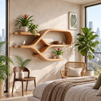 Crossed Ribbon Floating Shelves, Modern Organic Solid Wood Wall Shelf with Figure Eight Frame and Side Ledges