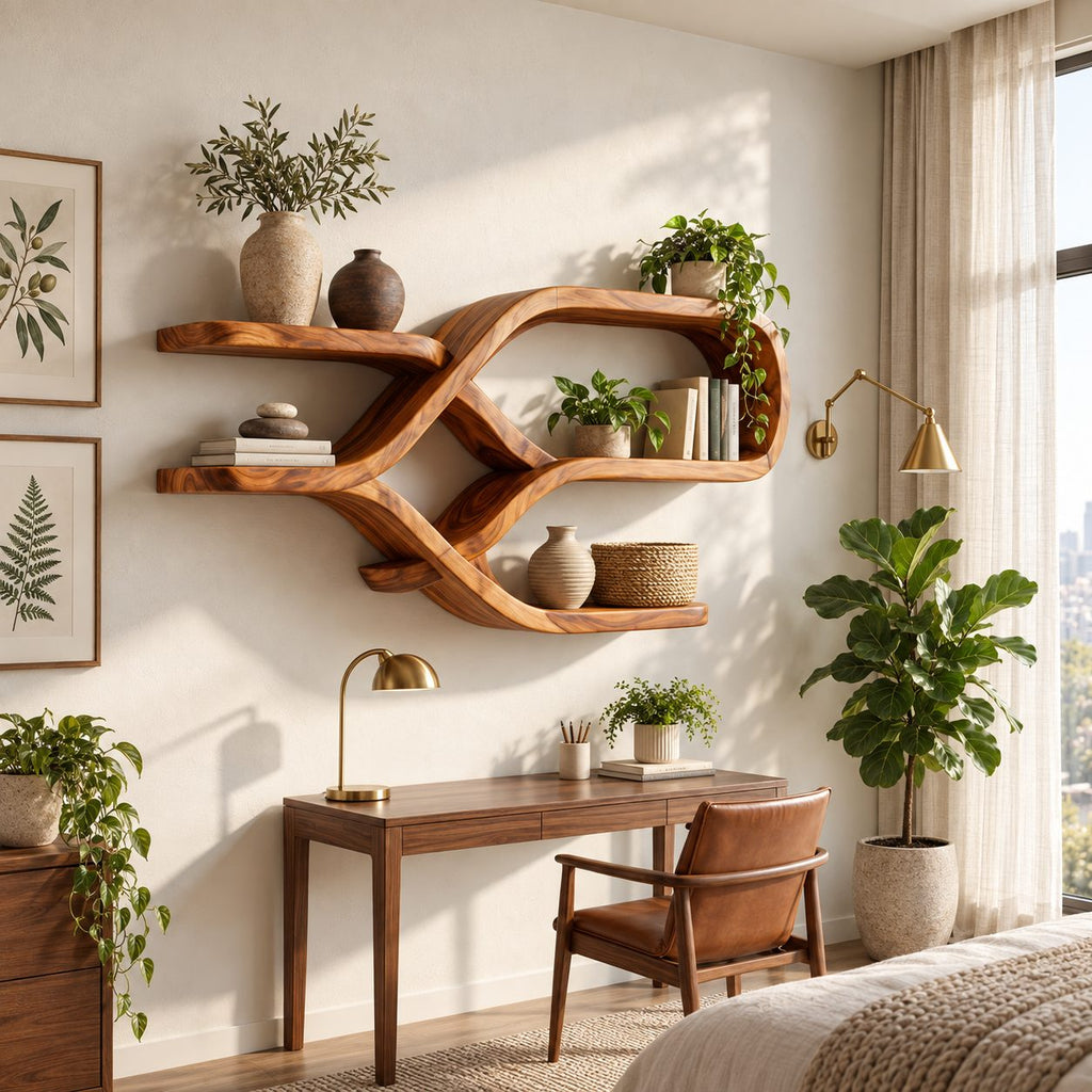 Crossed Ribbon Floating Shelves, Modern Organic Solid Wood Wall Shelf with Figure Eight Frame and Side Ledges