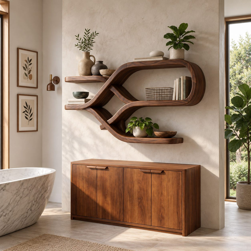 Crossed Ribbon Floating Shelves, Modern Organic Solid Wood Wall Shelf with Figure Eight Frame and Side Ledges