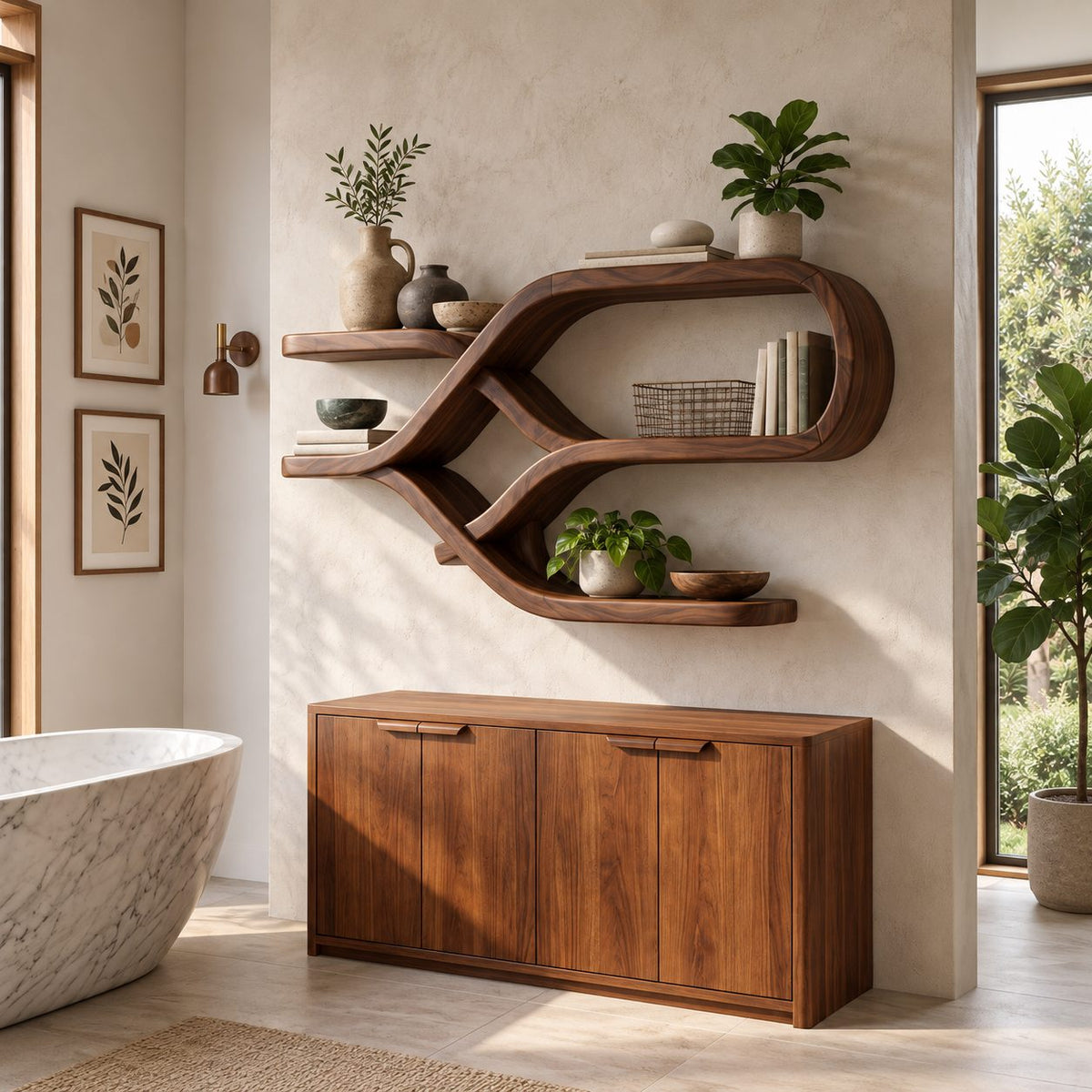 Crossed Ribbon Floating Shelves, Modern Organic Solid Wood Wall Shelf with Figure Eight Frame and Side Ledges