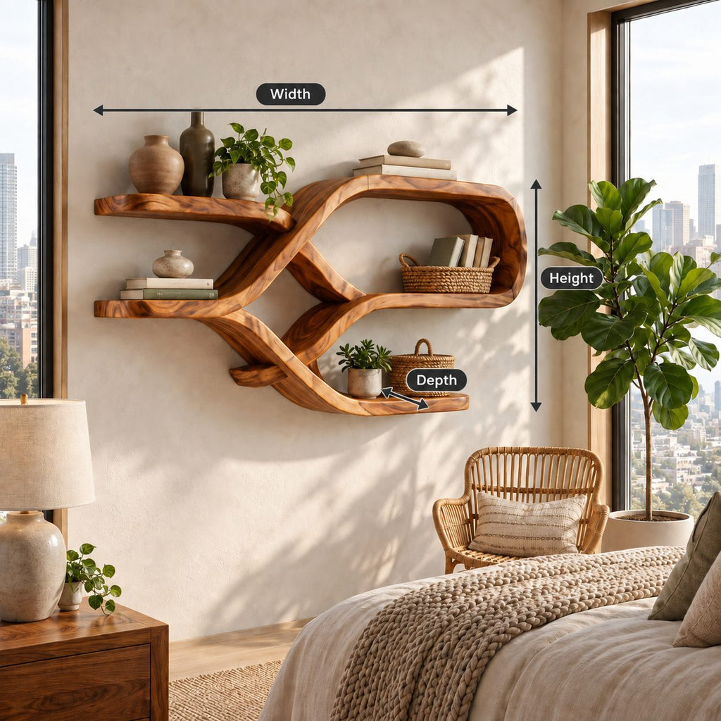 Crossed Ribbon Floating Shelves, Modern Organic Solid Wood Wall Shelf with Figure Eight Frame and Side Ledges