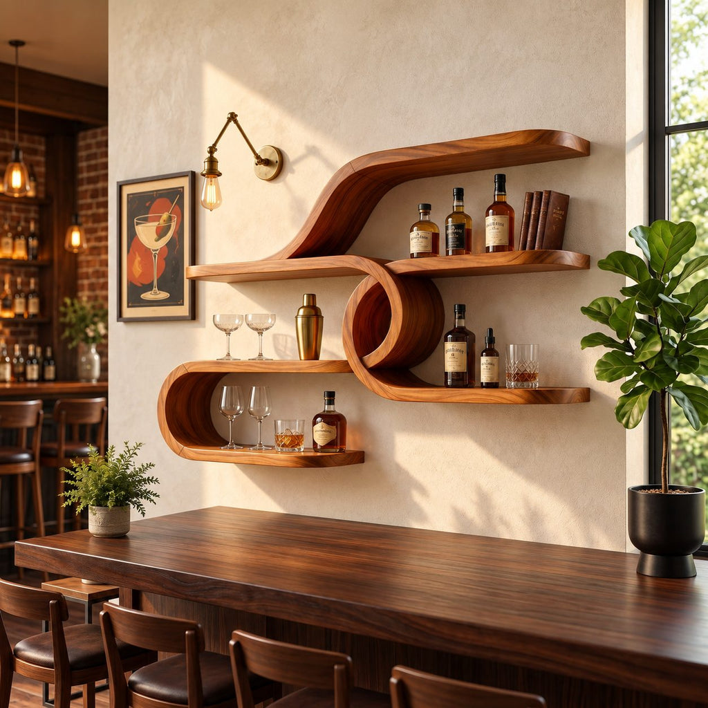 Curl Loop Floating Bar Shelves, Mid Century Solid Wood Wall Shelf with Round Center Loop and Long Ledges
