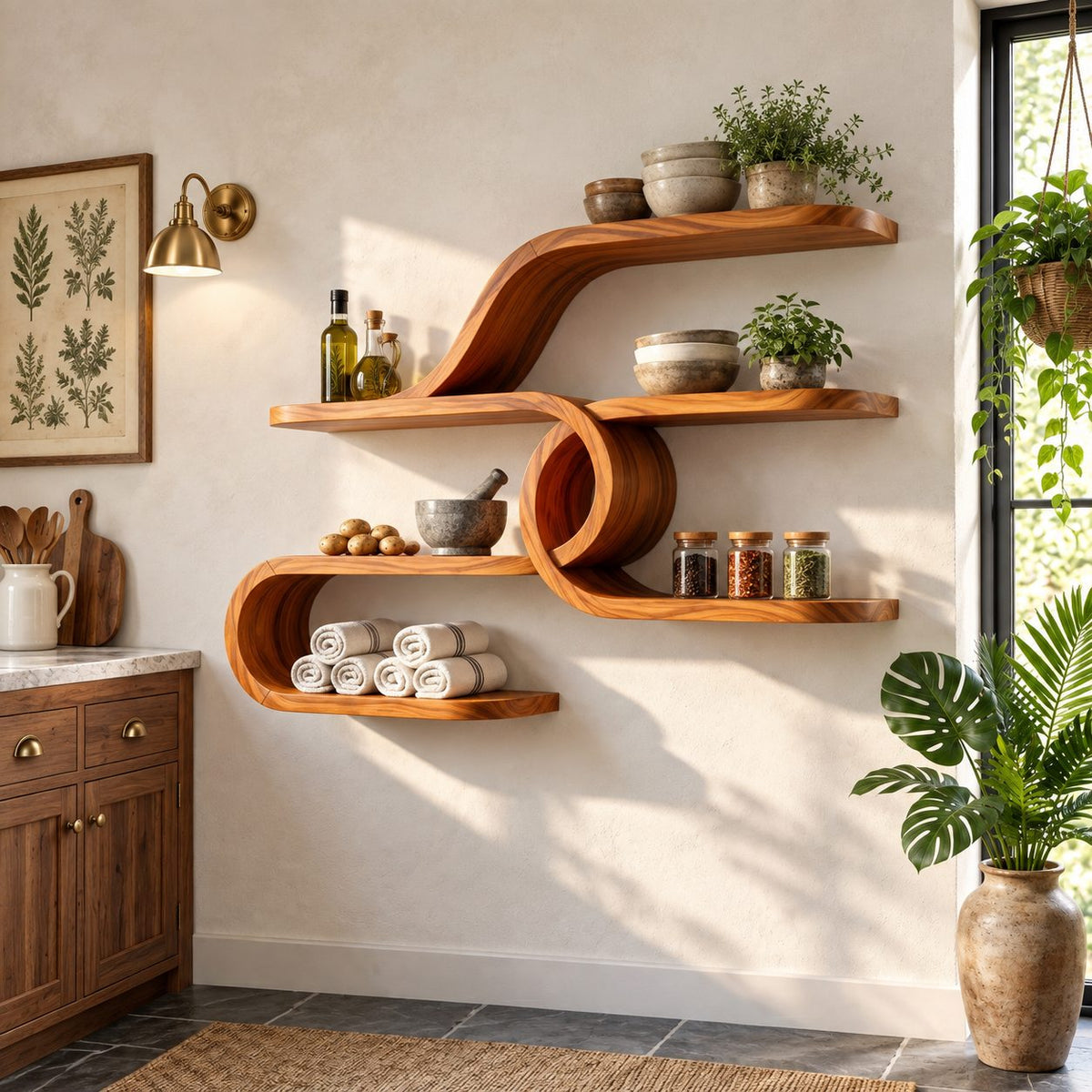 Curl Loop Floating Bar Shelves, Mid Century Solid Wood Wall Shelf with Round Center Loop and Long Ledges