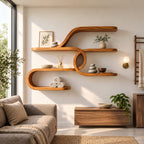 Curl Loop Floating Bar Shelves, Mid Century Solid Wood Wall Shelf with Round Center Loop and Long Ledges