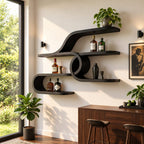 Curl Loop Floating Bar Shelves, Mid Century Solid Wood Wall Shelf with Round Center Loop and Long Ledges