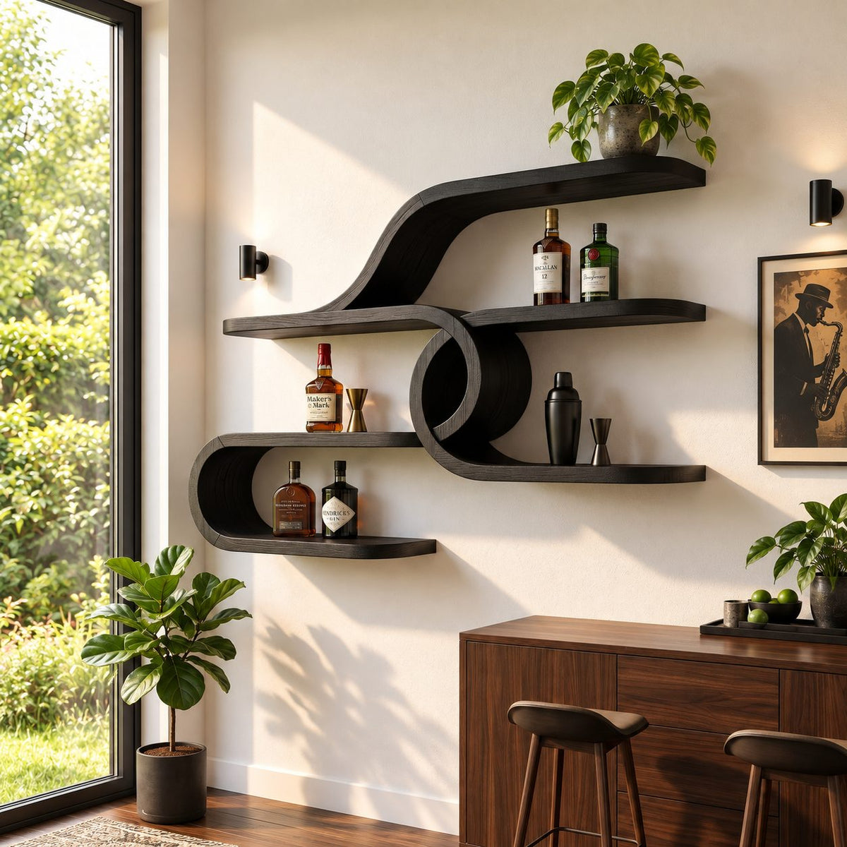 Curl Loop Floating Bar Shelves, Mid Century Solid Wood Wall Shelf with Round Center Loop and Long Ledges