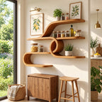 Curl Loop Floating Bar Shelves, Mid Century Solid Wood Wall Shelf with Round Center Loop and Long Ledges
