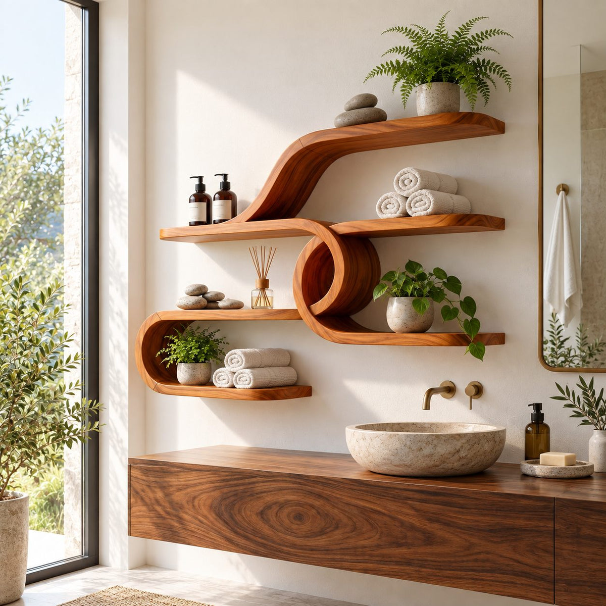 Curl Loop Floating Bar Shelves, Mid Century Solid Wood Wall Shelf with Round Center Loop and Long Ledges