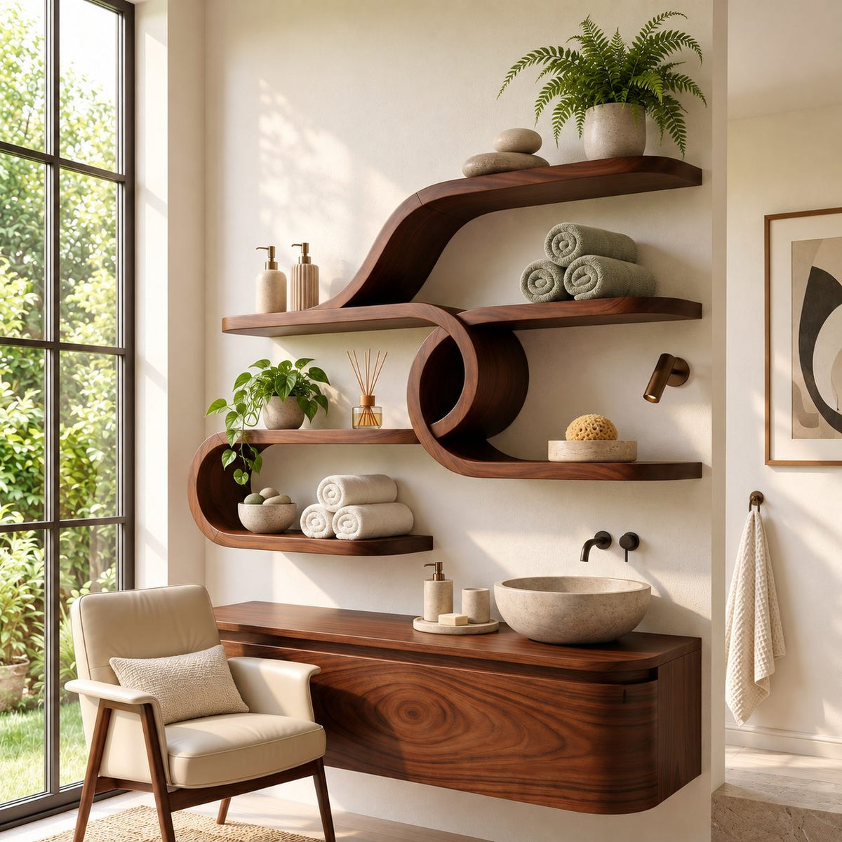 Curl Loop Floating Bar Shelves, Mid Century Solid Wood Wall Shelf with Round Center Loop and Long Ledges
