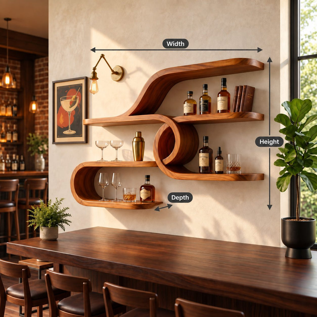 Curl Loop Floating Bar Shelves, Mid Century Solid Wood Wall Shelf with Round Center Loop and Long Ledges