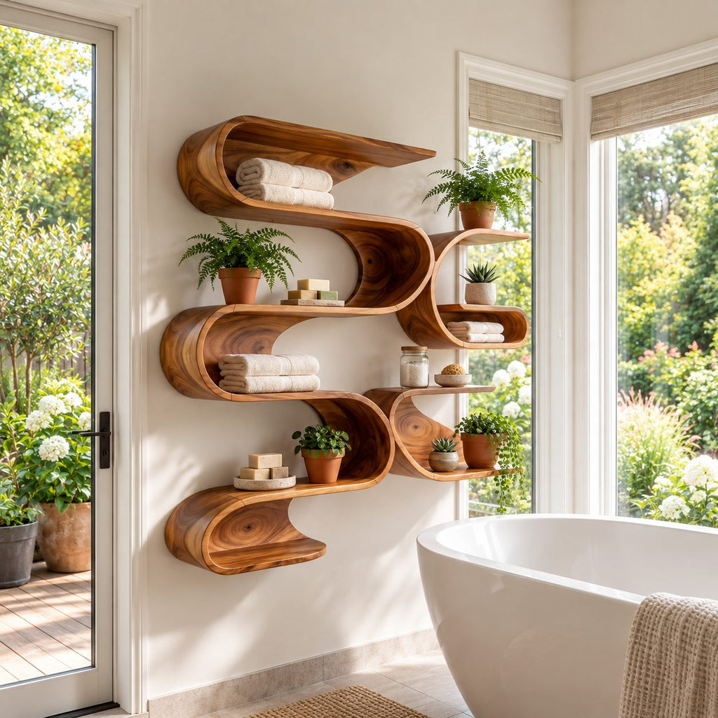Serpentine Wave Wall Shelf, Tall Organic Modern Solid Wood Floating Shelves with Stacked S Curve Cubbies