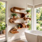 Serpentine Wave Wall Shelf, Tall Organic Modern Solid Wood Floating Shelves with Stacked S Curve Cubbies