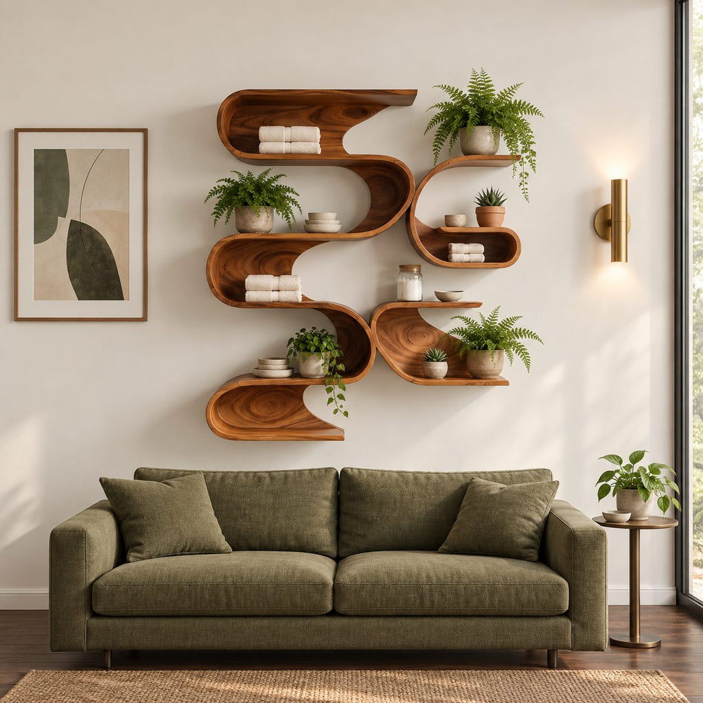 Serpentine Wave Wall Shelf, Tall Organic Modern Solid Wood Floating Shelves with Stacked S Curve Cubbies