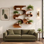 Serpentine Wave Wall Shelf, Tall Organic Modern Solid Wood Floating Shelves with Stacked S Curve Cubbies