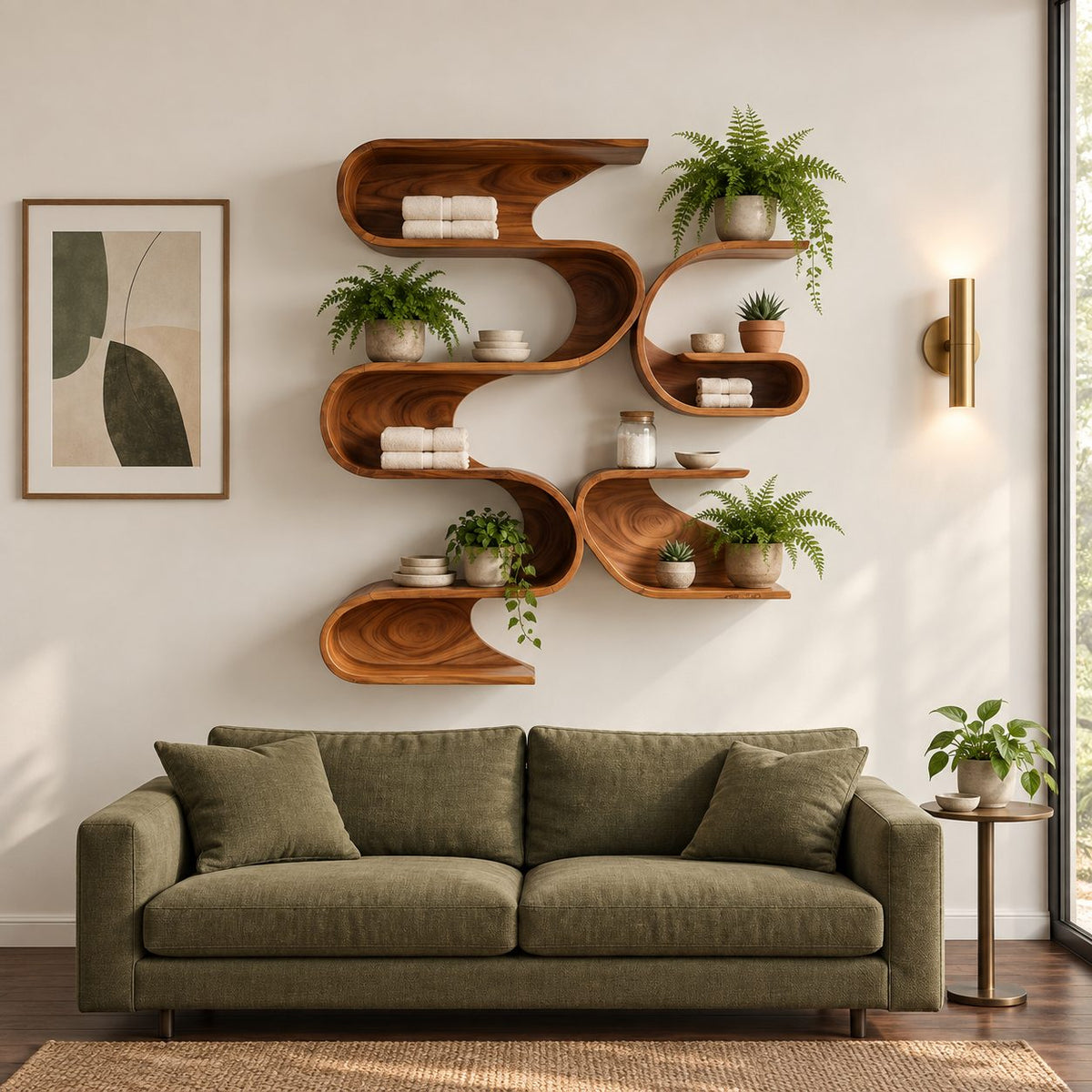 Serpentine Wave Wall Shelf, Tall Organic Modern Solid Wood Floating Shelves with Stacked S Curve Cubbies