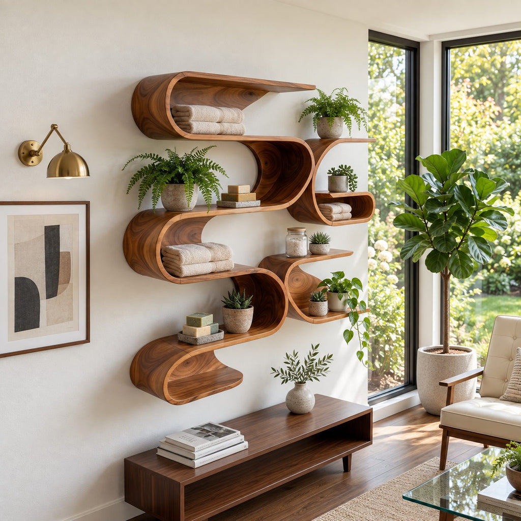 Serpentine Wave Wall Shelf, Tall Organic Modern Solid Wood Floating Shelves with Stacked S Curve Cubbies