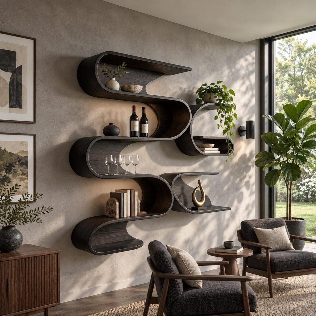 Serpentine Wave Wall Shelf, Tall Organic Modern Solid Wood Floating Shelves with Stacked S Curve Cubbies