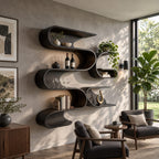 Serpentine Wave Wall Shelf, Tall Organic Modern Solid Wood Floating Shelves with Stacked S Curve Cubbies