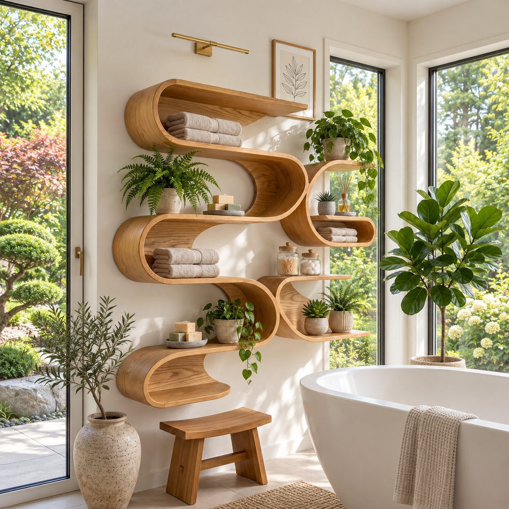 Serpentine Wave Wall Shelf, Tall Organic Modern Solid Wood Floating Shelves with Stacked S Curve Cubbies