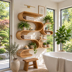 Serpentine Wave Wall Shelf, Tall Organic Modern Solid Wood Floating Shelves with Stacked S Curve Cubbies