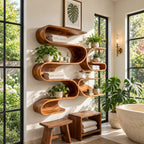 Serpentine Wave Wall Shelf, Tall Organic Modern Solid Wood Floating Shelves with Stacked S Curve Cubbies