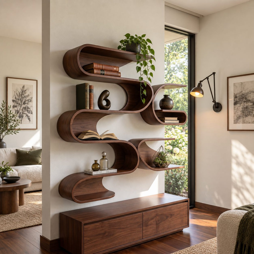 Serpentine Wave Wall Shelf, Tall Organic Modern Solid Wood Floating Shelves with Stacked S Curve Cubbies