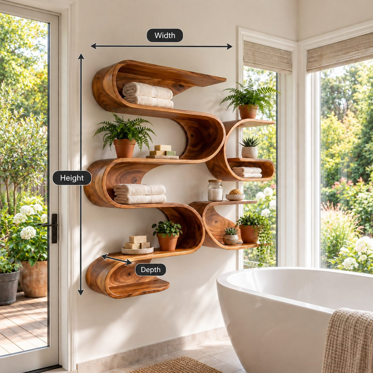 Serpentine Wave Wall Shelf, Tall Organic Modern Solid Wood Floating Shelves with Stacked S Curve Cubbies