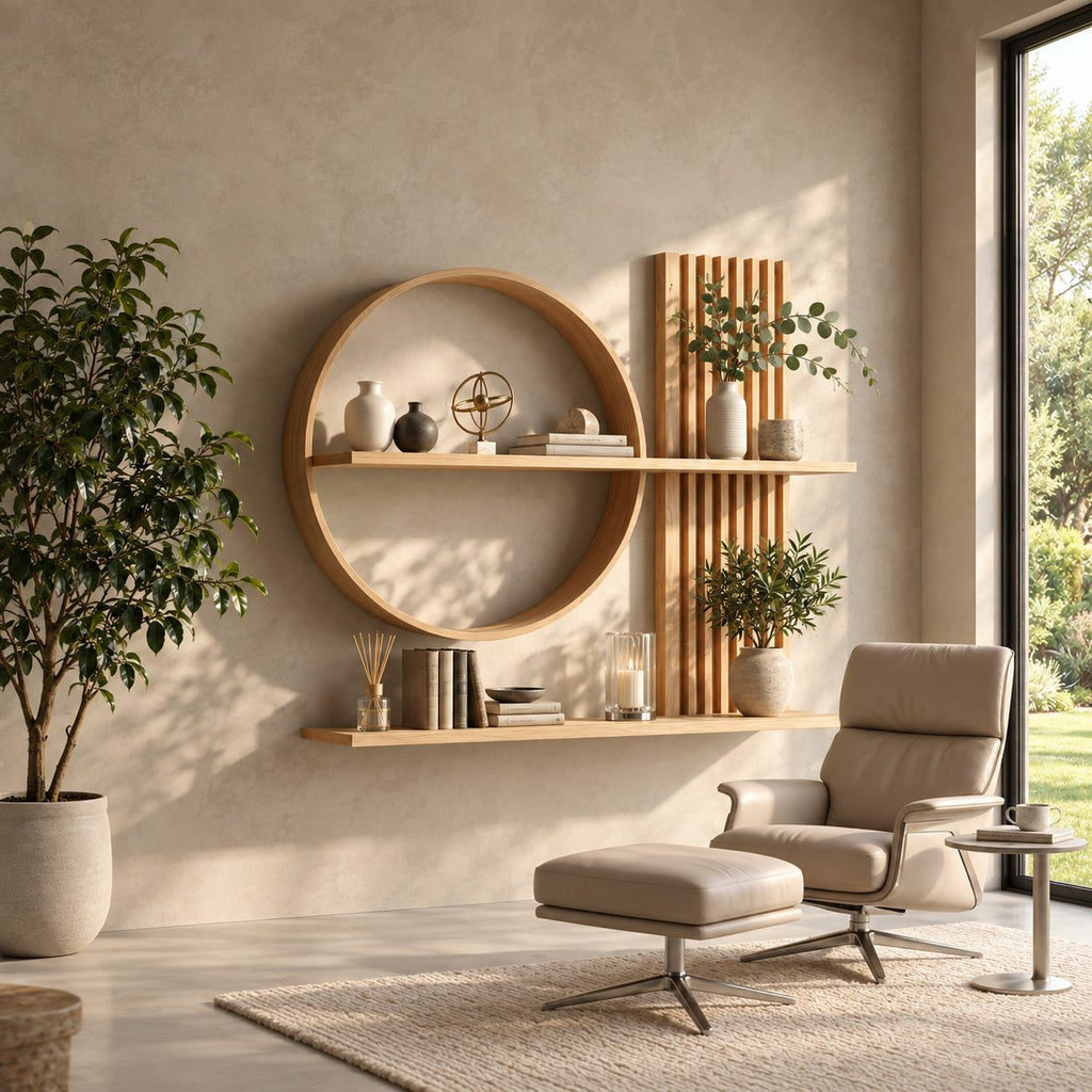 Scandinavian Japanese Wall Shelf, Solid Wood Open Circle and Slat Panel Display for Living Room