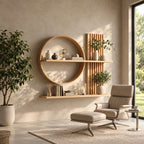 Scandinavian Japanese Wall Shelf, Solid Wood Open Circle and Slat Panel Display for Living Room