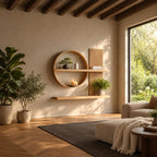 Scandinavian Japanese Wall Shelf, Solid Wood Open Circle and Slat Panel Display for Living Room