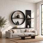 Scandinavian Japanese Wall Shelf, Solid Wood Open Circle and Slat Panel Display for Living Room