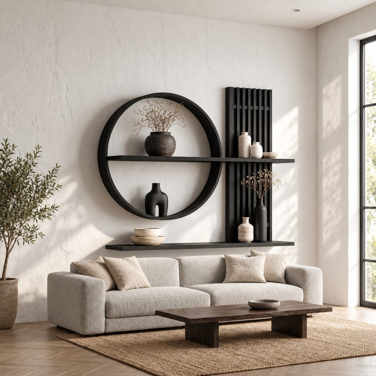 Scandinavian Japanese Wall Shelf, Solid Wood Open Circle and Slat Panel Display for Living Room