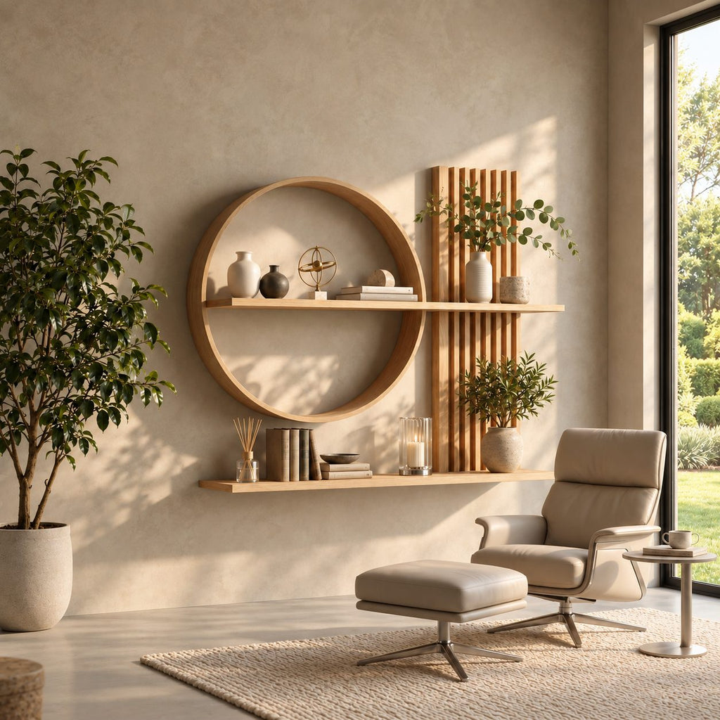 Scandinavian Japanese Wall Shelf, Solid Wood Open Circle and Slat Panel Display for Living Room