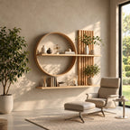 Scandinavian Japanese Wall Shelf, Solid Wood Open Circle and Slat Panel Display for Living Room