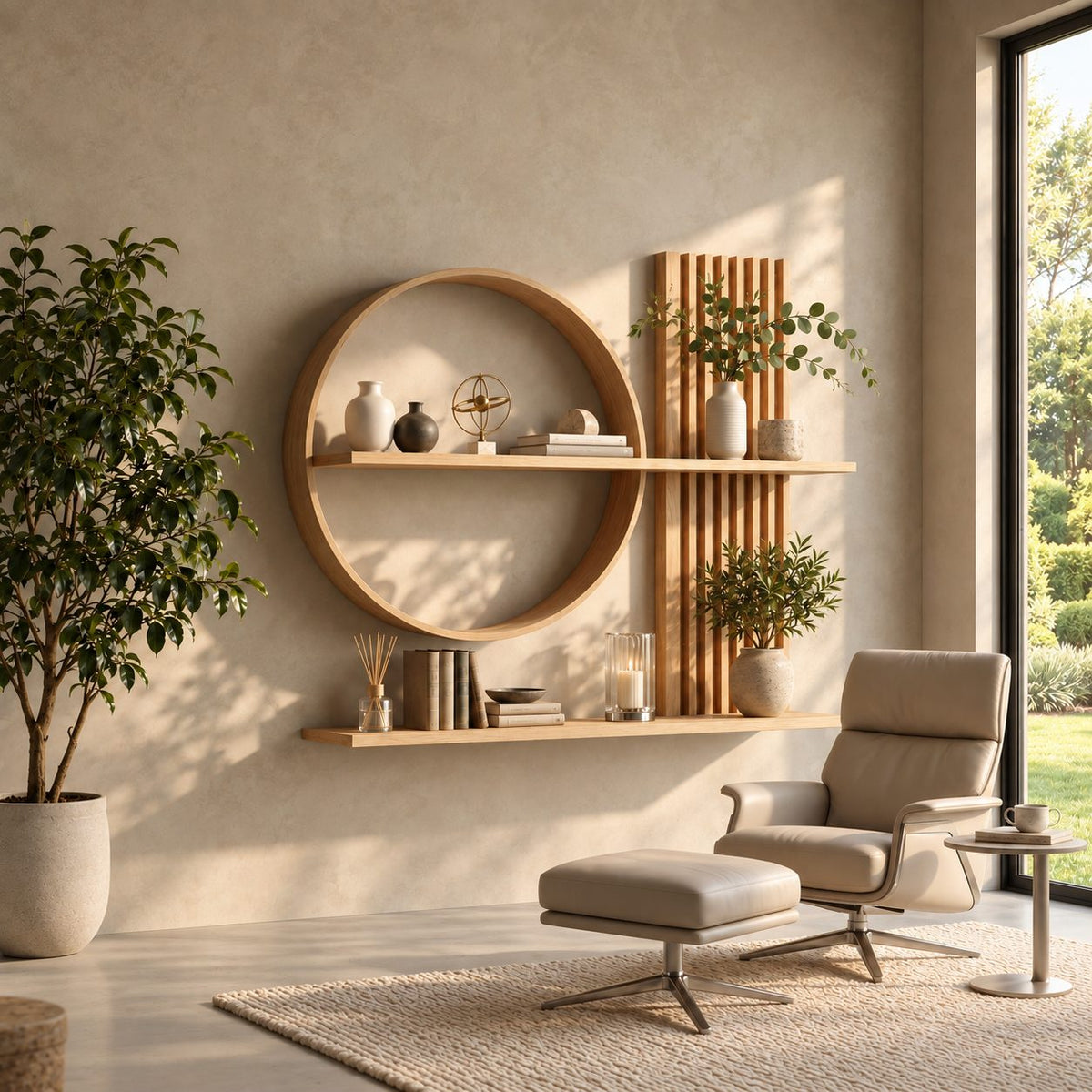 Scandinavian Japanese Wall Shelf, Solid Wood Open Circle and Slat Panel Display for Living Room