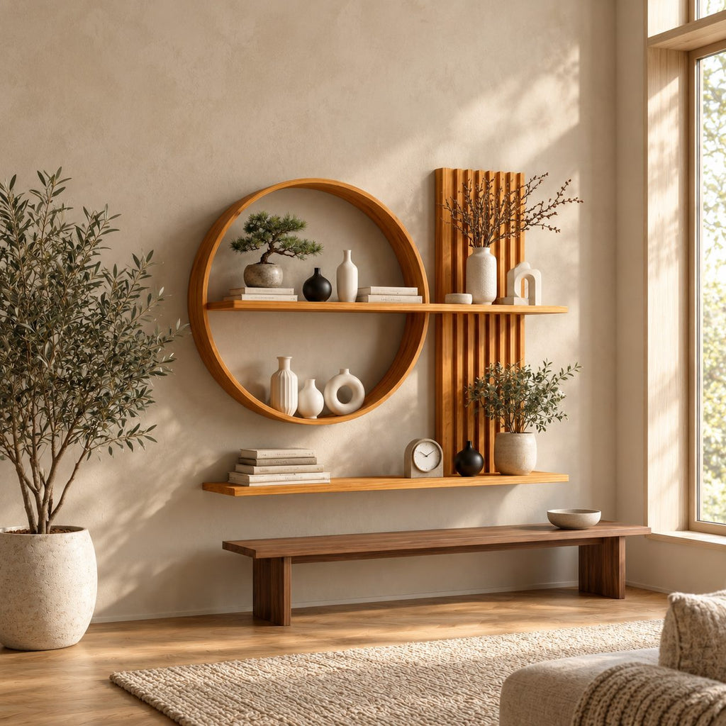 Scandinavian Japanese Wall Shelf, Solid Wood Open Circle and Slat Panel Display for Living Room