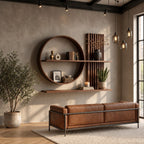 Scandinavian Japanese Wall Shelf, Solid Wood Open Circle and Slat Panel Display for Living Room