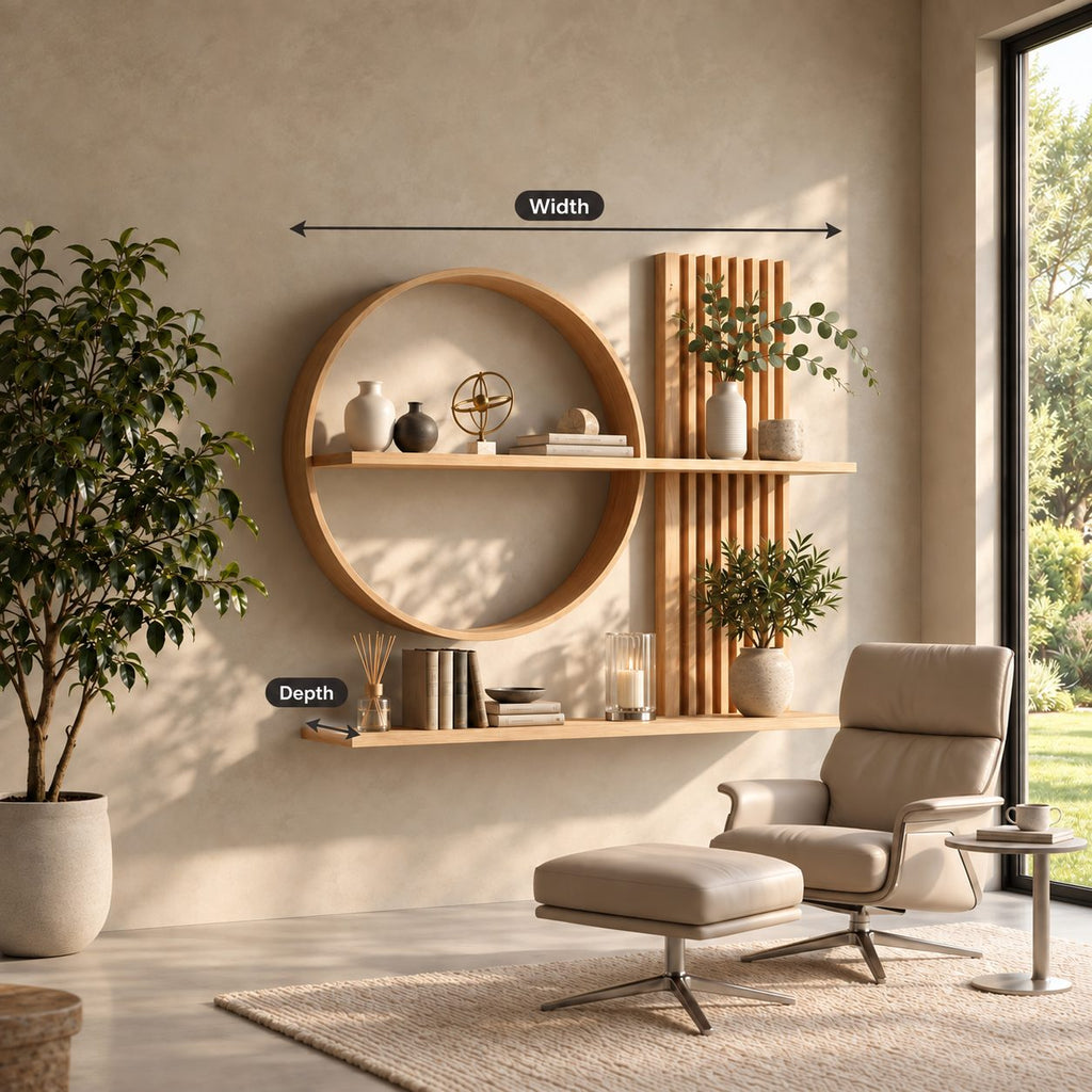 Scandinavian Japanese Wall Shelf, Solid Wood Open Circle and Slat Panel Display for Living Room