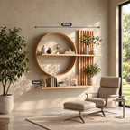 Scandinavian Japanese Wall Shelf, Solid Wood Open Circle and Slat Panel Display for Living Room
