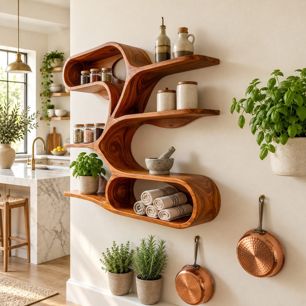Branching Spine Wall Shelf, Sculptural Solid Wood Floating Shelves with Curving Arms and Oval Loop Base