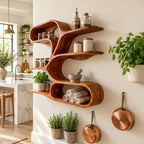Branching Spine Wall Shelf, Sculptural Solid Wood Floating Shelves with Curving Arms and Oval Loop Base