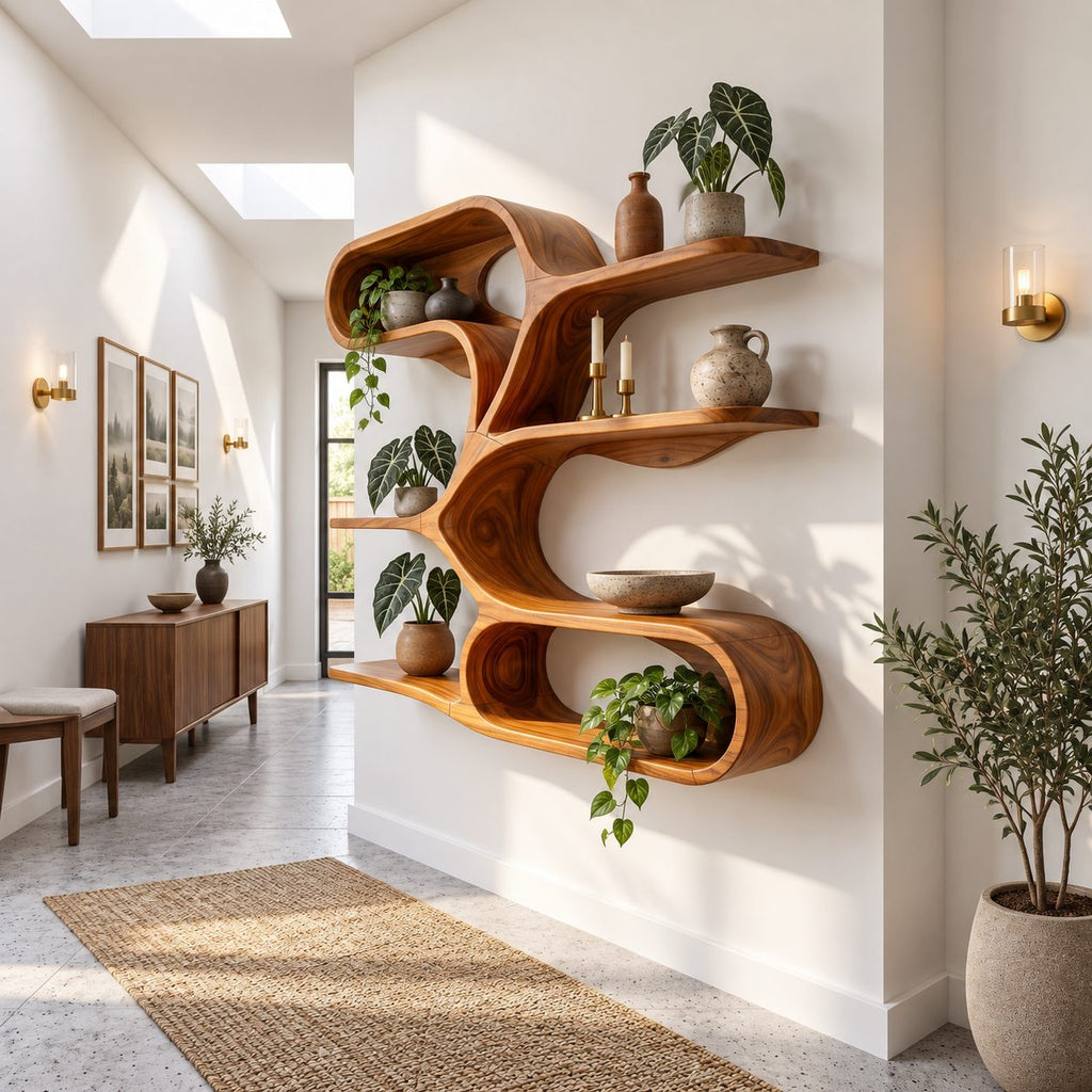 Branching Spine Wall Shelf, Sculptural Solid Wood Floating Shelves with Curving Arms and Oval Loop Base