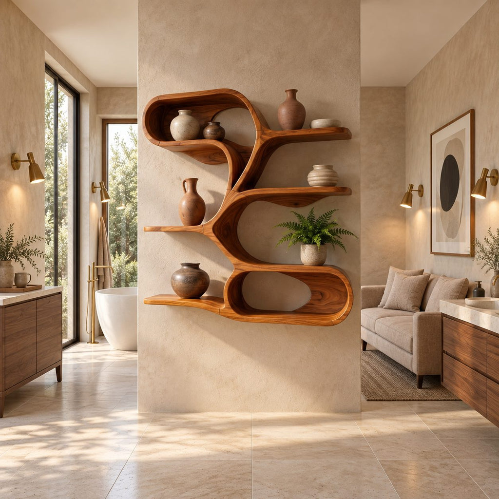 Branching Spine Wall Shelf, Sculptural Solid Wood Floating Shelves with Curving Arms and Oval Loop Base