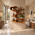 Branching Spine Wall Shelf, Sculptural Solid Wood Floating Shelves with Curving Arms and Oval Loop Base