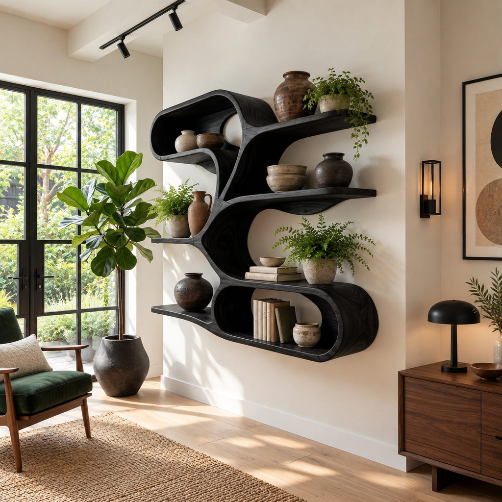 Branching Spine Wall Shelf, Sculptural Solid Wood Floating Shelves with Curving Arms and Oval Loop Base